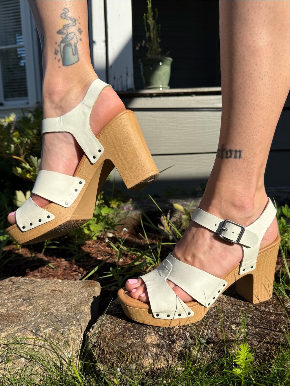 White Leather Platform Wedge Sandals with Wood-Look Heel